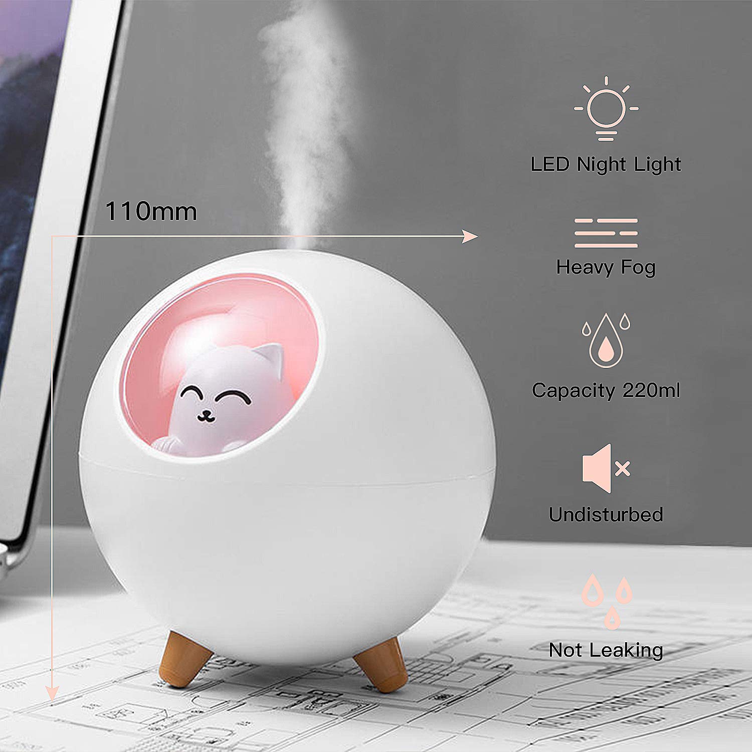 Mini nawilżacz, przenośny nawilżacz ultradźwiękowy USB, nawilżacz środowiskowy z funkcją lampki nocnej, cichy nawilżacz dla dzieci, dom, biuro, sypialnia/630/3027