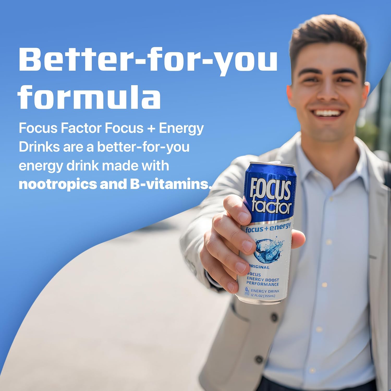 Focus Factor Energy Drink - 12 x 355ml Cans (Original Flavor) - with Focus + Energy - Lightly Carbonated, Sugar Free, Low Calorie with Vitamin B6 & Vitamin B12 - Image 5