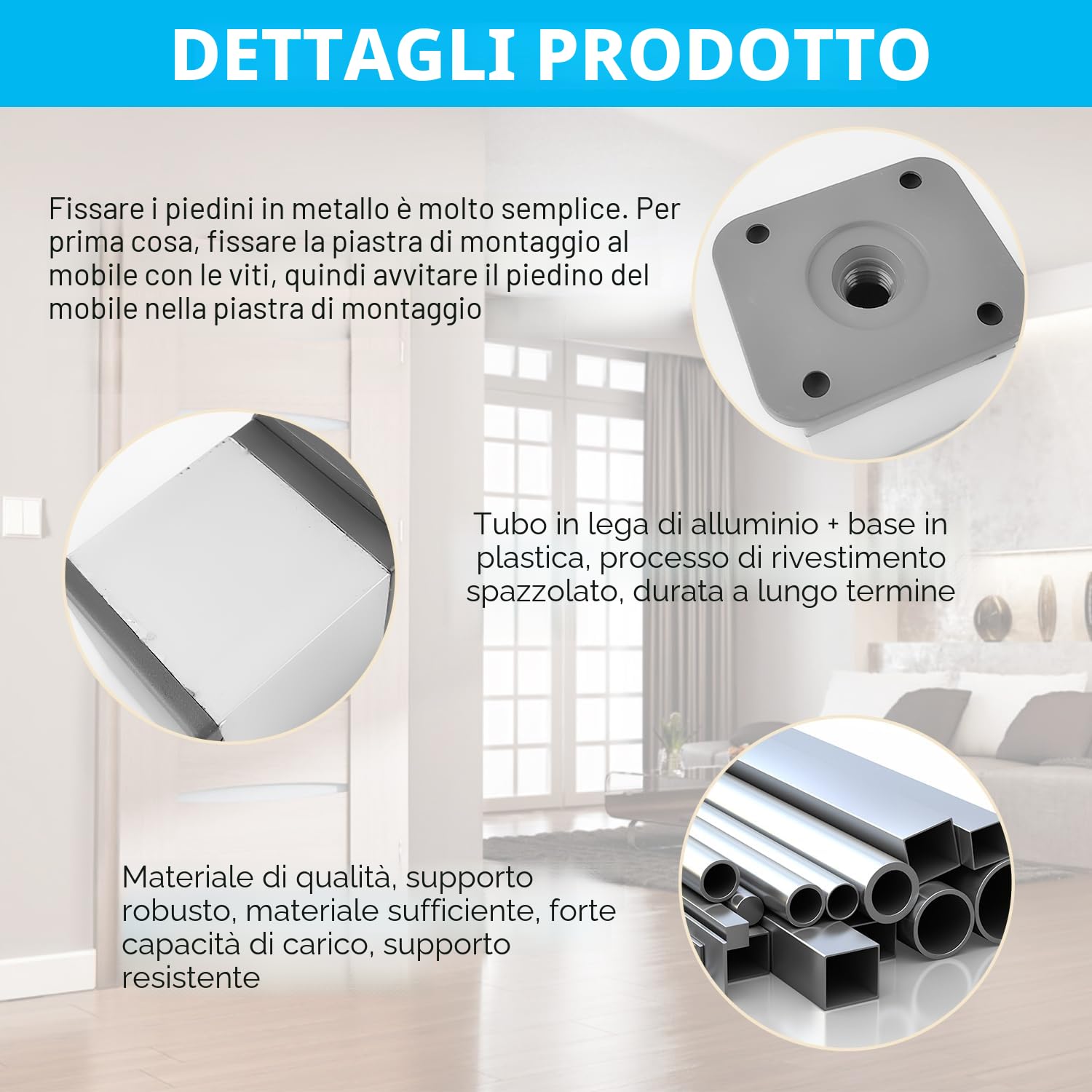 6 Pezzi Piedini Regolabili per Mobili, Piedini per Mobili 40 × 40 × 50 mm (Espandibili 15 mm), Piedini per Mobili Regolabili Quadrati in Lega di Alluminio, Piedi per Mobili per Mobili Fai-da-te (6)