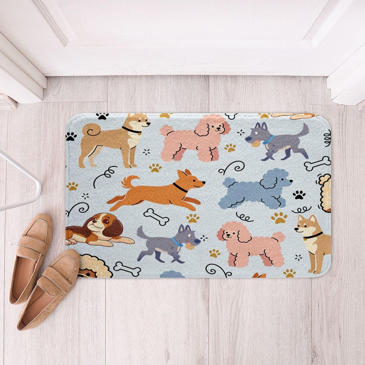 Castle Fairy Cartoon Puppy Kids Bath Mat,Cute Dog Mats Rugs,Girls Boys Room Decor,Playful Pet Lover Bathroom Carpets,Brown Pink Bath Rug,Absorbent Floor Mats,16Wx24L Inches