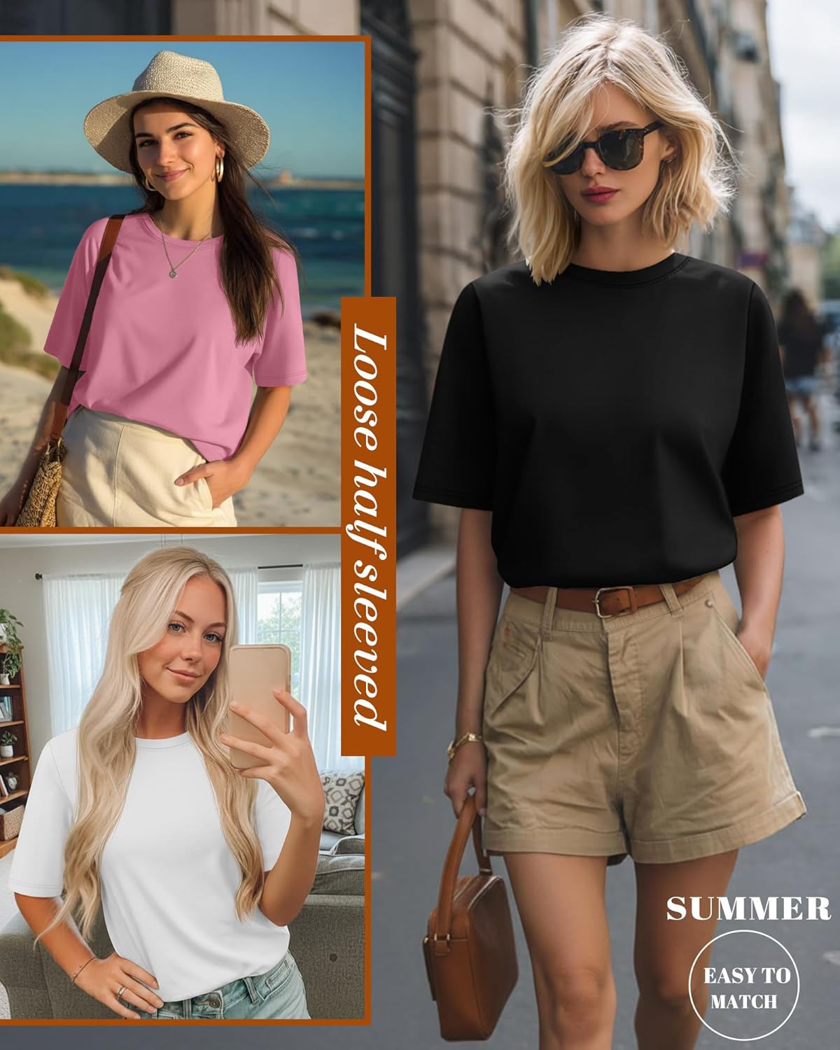 Huukeay 3 Pack Women's Half Sleeve T-Shirts, Crew Neck Elbow Length Tops Loose Casual Basic Tees Summer Tunic Tops - Image 6