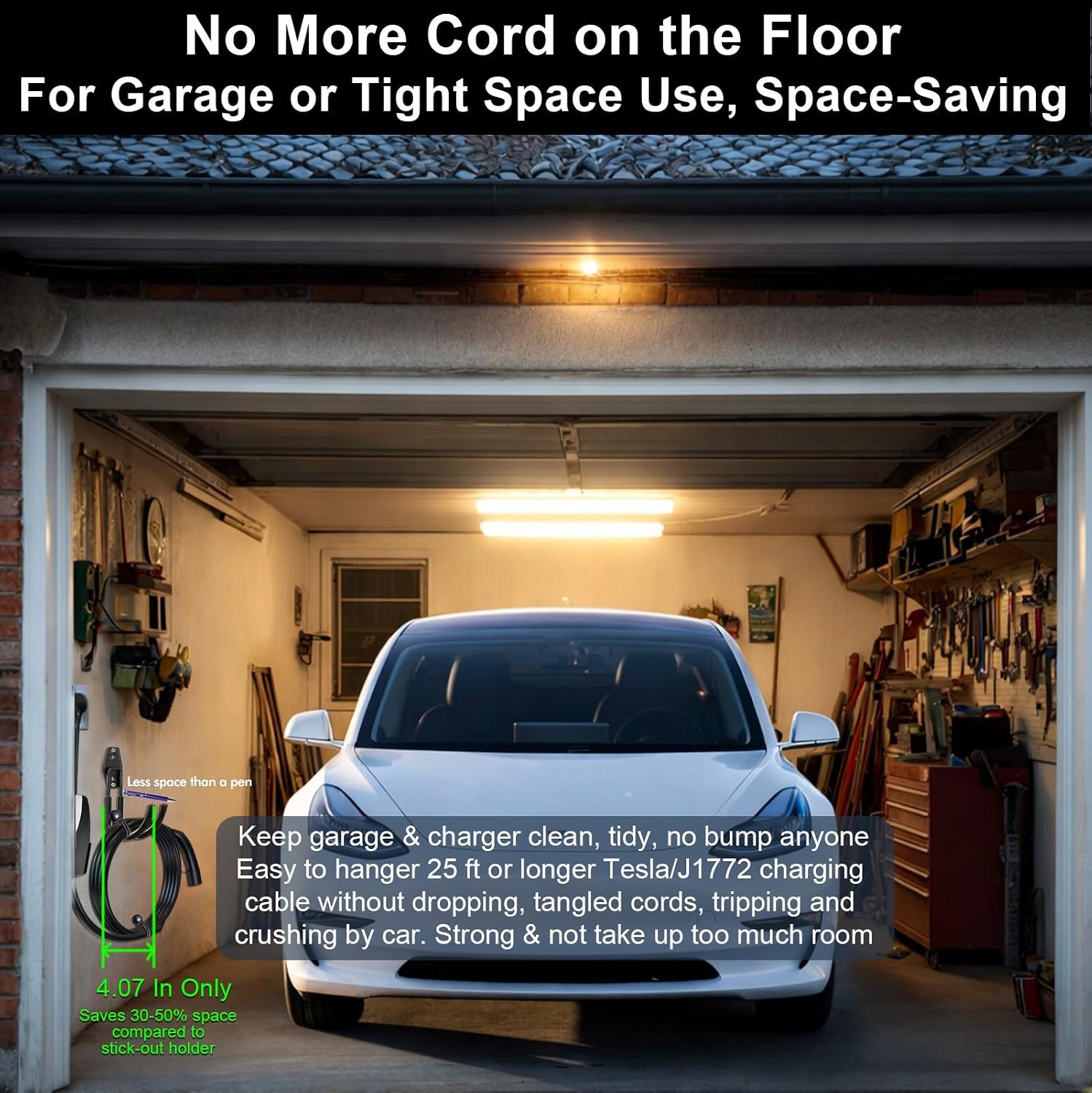 EV Charging Cable Holder for Garage, Tight Space Use, Sturdy Electric Car Charger Wall Mount with Wide J Hook Keep Tesla or J1772 25ft Mobile Connector Cord Off Floor
