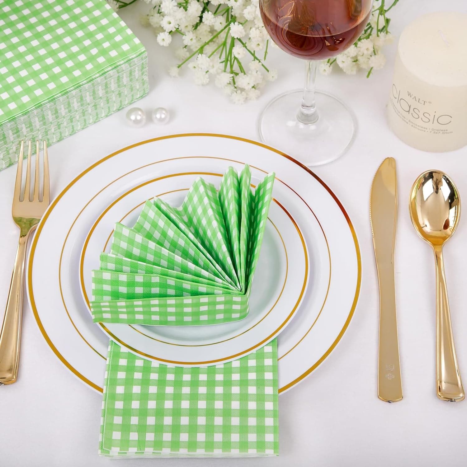 WDF 150Pack Green Gingham Napkins - 3 Ply Disposable Green and White Checkered Napkins, Dinner Napkins Paper Hand Towels for Bathroom Picnic BBQ Birthday Party Christmas