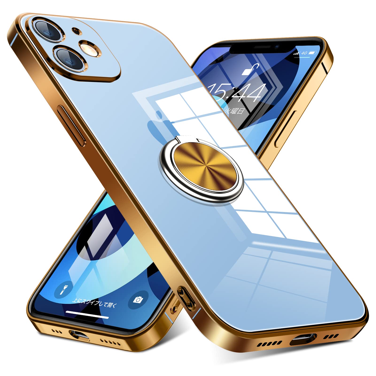 iPhone 12 Pro 用 ケース リング付き クリア 耐衝撃 スタンド機能 透明 TPU 車載ホルダー対応 落下防止 防塵 薄型 軽量 一体型 変形防止 全面保護カバー アイフォン 12 プロ 用 ケース 金 W-YXZH-04-23
