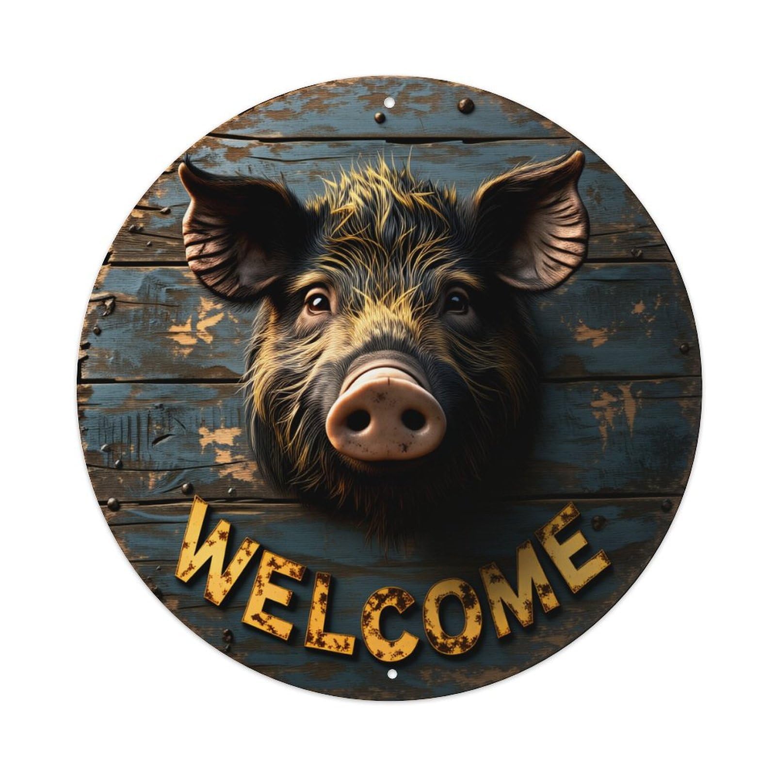 Pig Face On Wooden Sign Welcome Text Round Vintage Tin Sign,Retro Wall Art,Metal Poster for Home, Bar, Garage, Cafe, Rustic Indoor & Outdoor Decor, 8x8 Inches