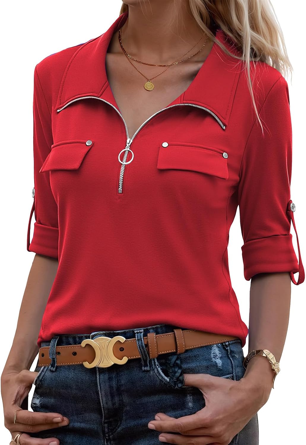 Bulotus 3/4 Length Sleeve Womens Tops Zipper Long Loose Tunics with Leggings Crew Neck Business Casual Dressy Blouses