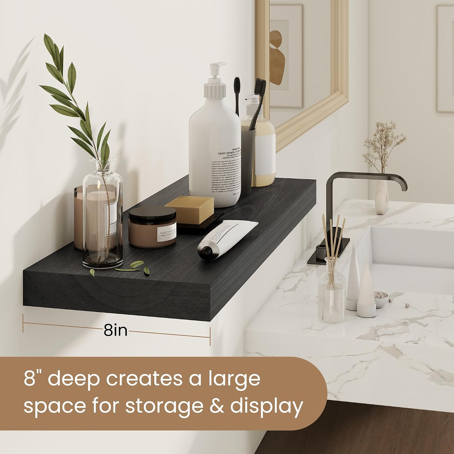 Fun Memories Rustic Real Wood Floating Shelves, 8 Inch Deep Floating Shelf Wall Mounted, 36" W x 8" D Wall Shelves Storage Shelves for Living Room, Bedroom, Bathroom, Black Finish, Set of 2 image 4