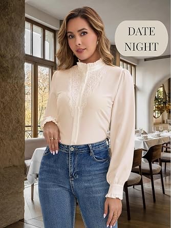 Women's Lace Crochet Mock Neck Long Sleeve Button Down Elegant Blouse Shirt Fall Top