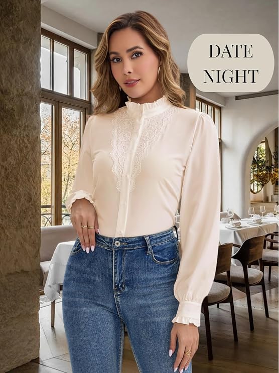 Women's Lace Crochet Mock Neck Long Sleeve Button Down Elegant Blouse Shirt Fall Top