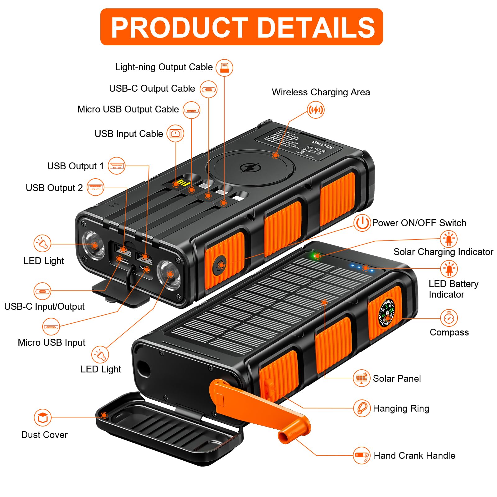 Bezprzewodowy Power Bank Solarny 26800mAh z Korbą Ręczną i 4 Kable, Power Bank Ładowarki Solarnej USB-C Szybkie Ładowanie 7 Wyjść 4 Wejścia na Telefon, Wodoodporna Bateria Zewnętrzna na Kemping