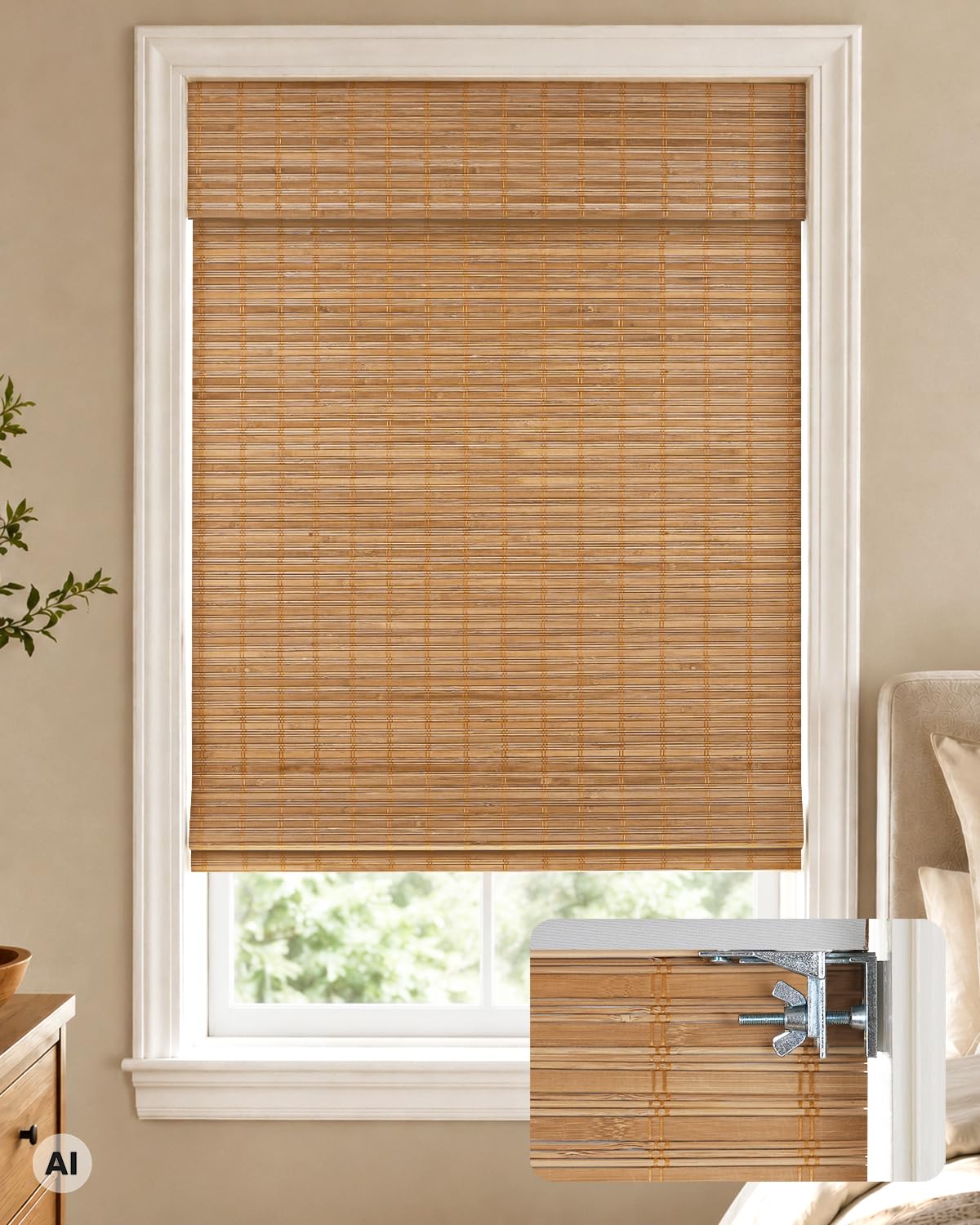 Photo 1 of LazBlinds 100% Blackout No Drill Bamboo Roman Shades, Cordless Bamboo Blinds for Indoor Windows, Room Darkening Shades for Home & Patio, Thermal Insulated, Squirrel, 35" W x 48" H