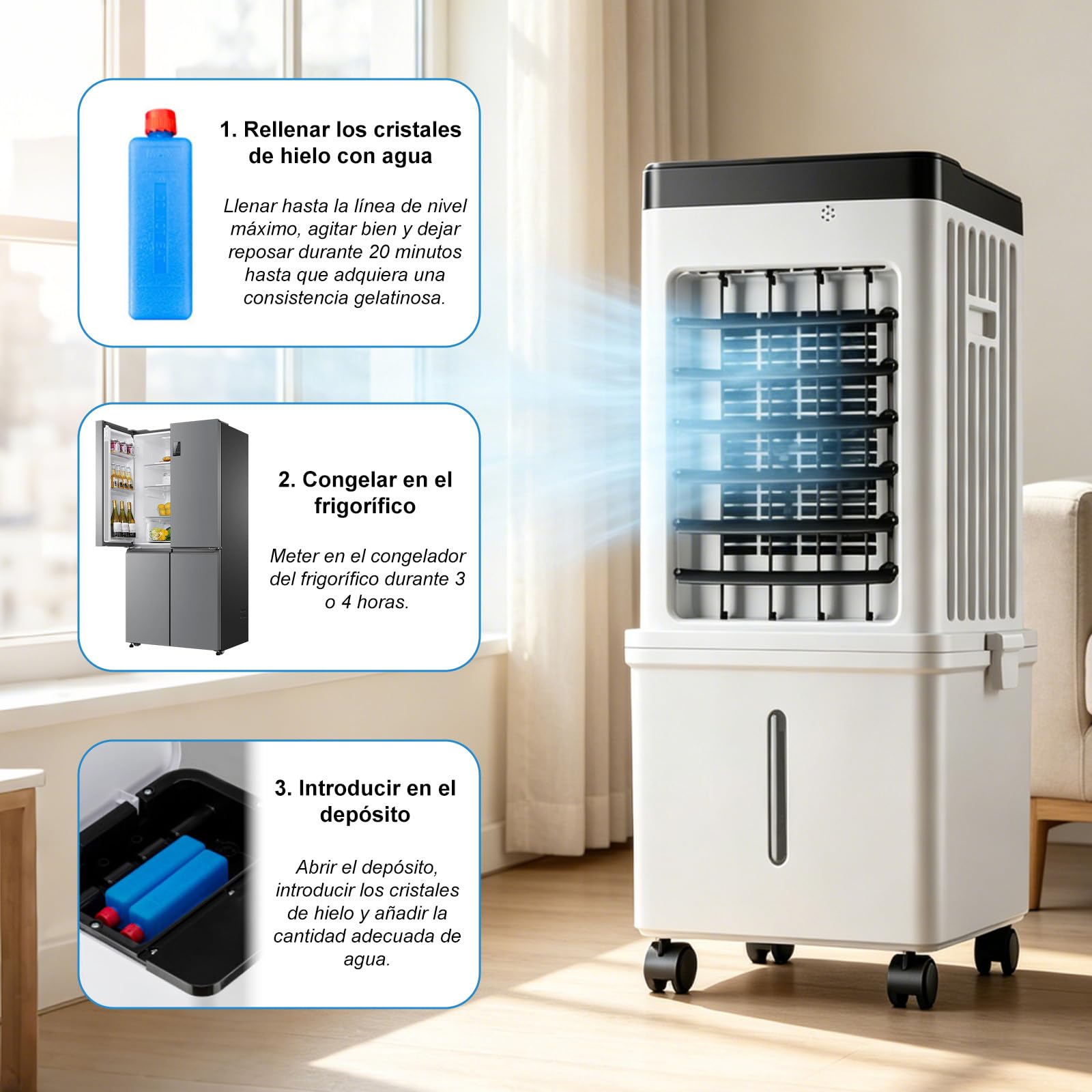 Aire Acondicionado Móvil Mecánico, 75W Bajo Consumo, 3 Velocidades | Climatizador Evaporativo Portátil de 10L con Cristales de Hielo,Oscilación de Gran Ángulo, Ruedas para Hogar Oficina