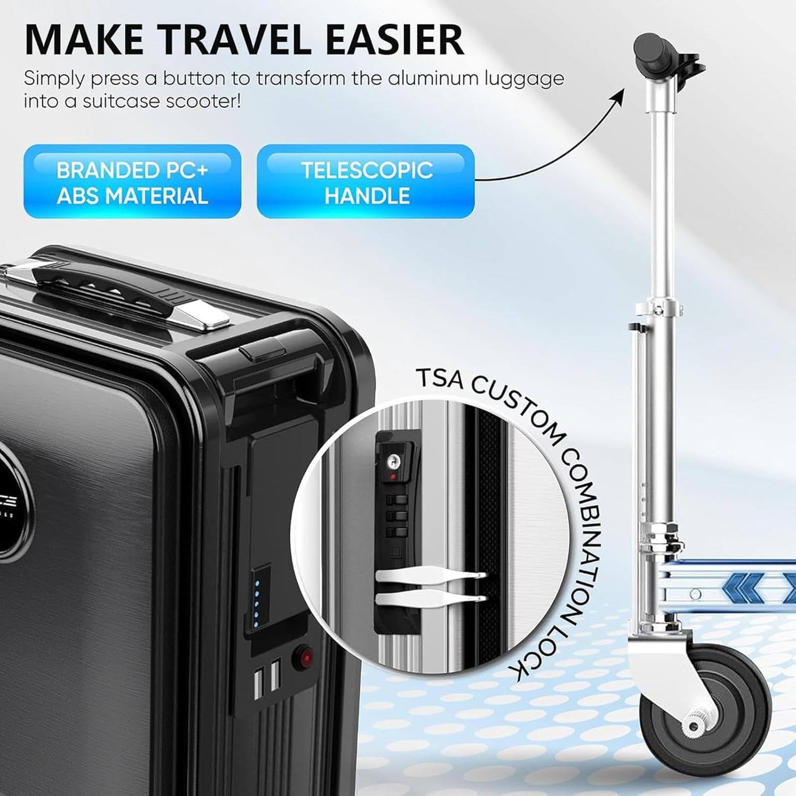 Equipaje eléctrico para montar, maleta de 20 litros con mango telescópico, ajuste de 3 velocidades, batería extraíble, puerto de carga externo, capacidad de carga de 110 kg, apto para viajes, Black, B