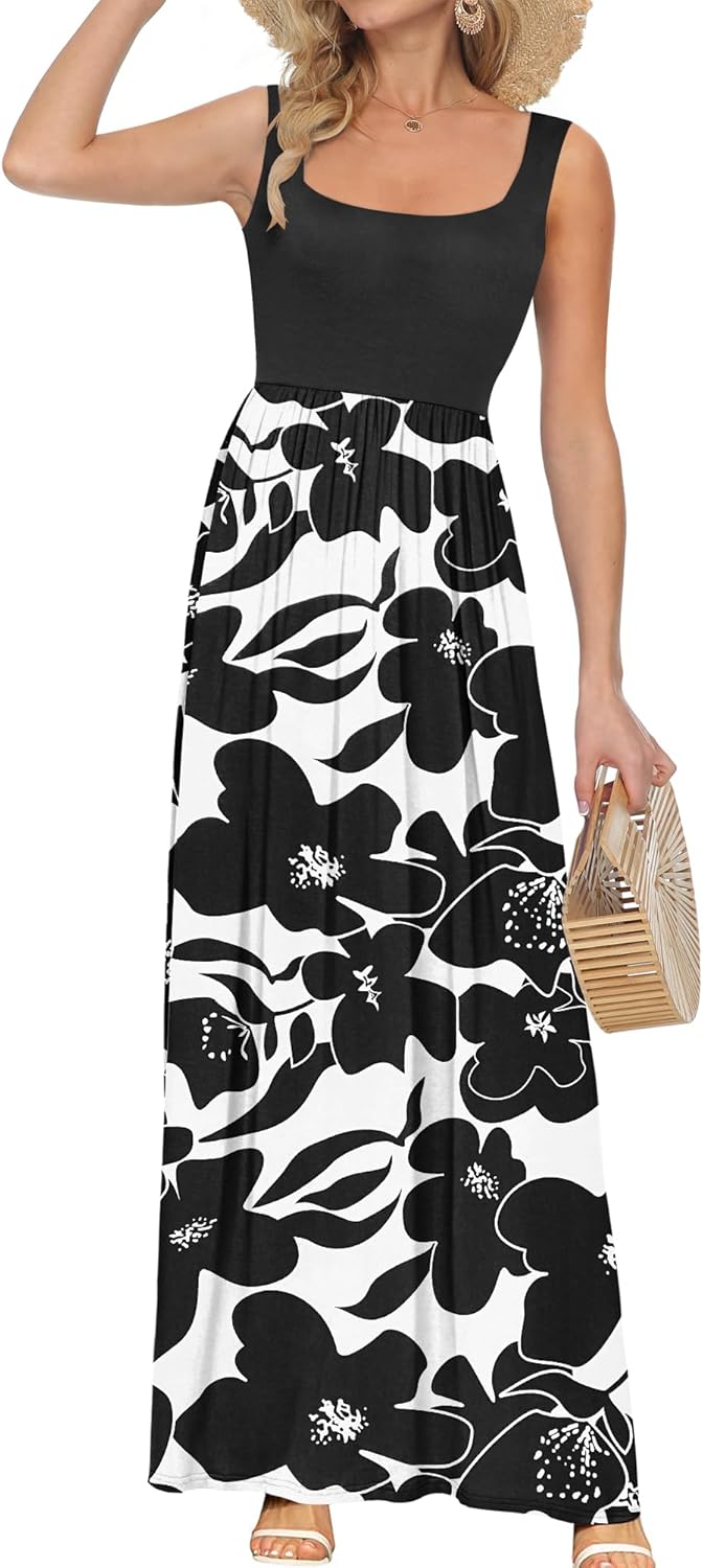 AUSELILY Women's Square Neck Maxi Dress Sleeveless Floral Loose Long Dresses with Pockets