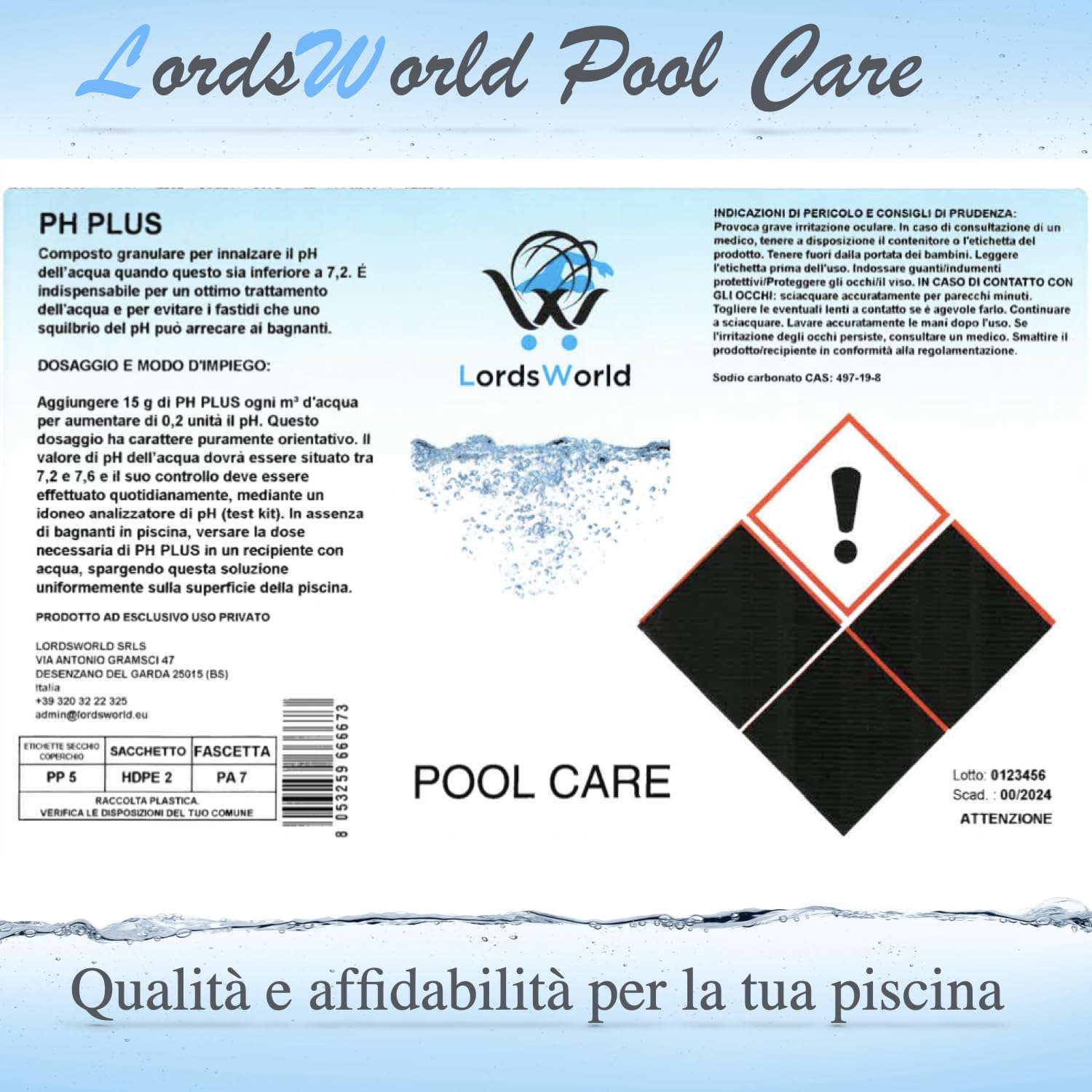 LordsWorld PH Minus Granulare 5kg | Correttore Di PH Per Piscina, Spa E Jacuzzi - Abbassa Il PH E Stabilizza L'Acqua, Prodotto Italiano