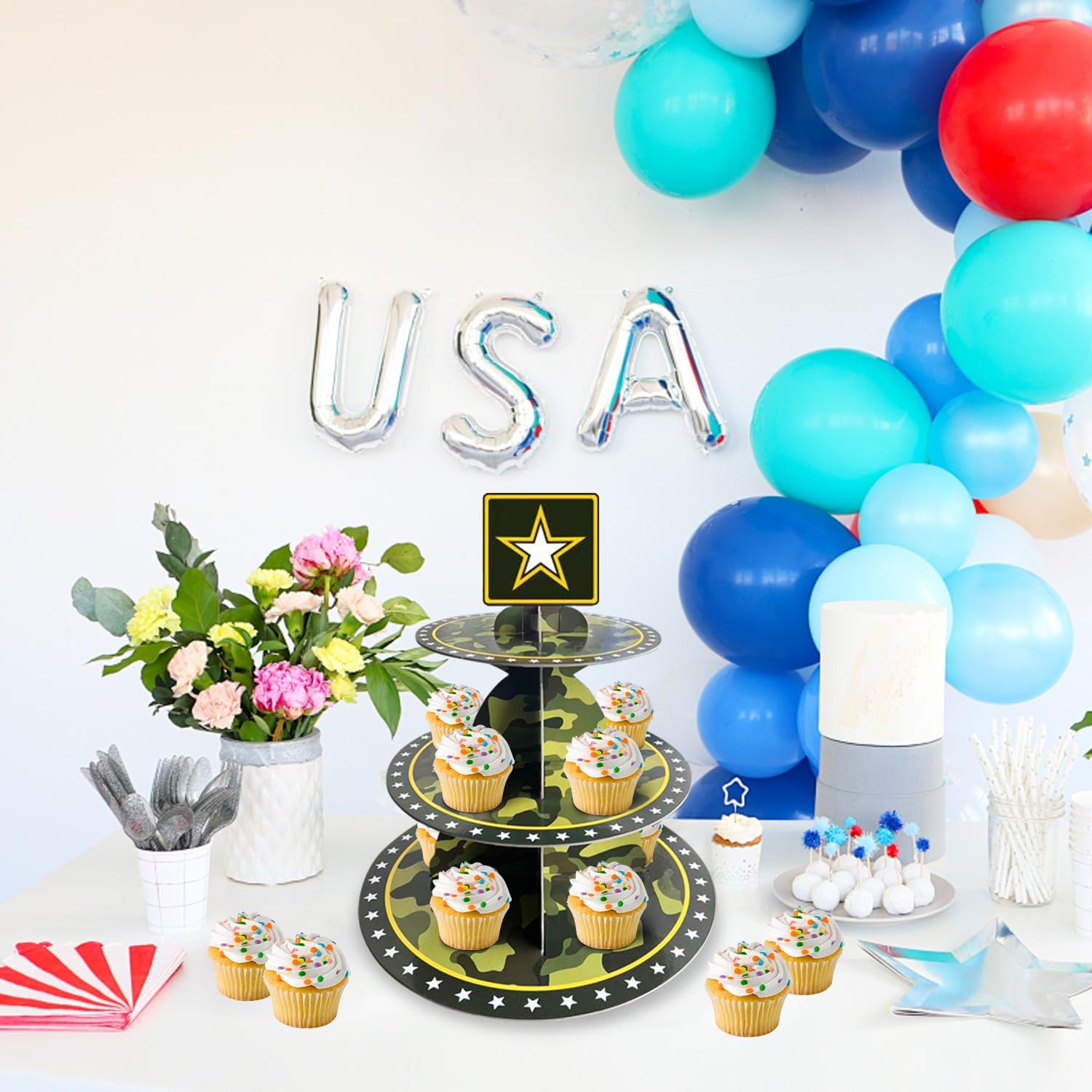 Military Army Camouflage Cupcake Stand,3 Tier Sturdy Cardboard Food Display Cupcakes Tower Holder for Army Themed Party Camo Birthday Party Decor image 5