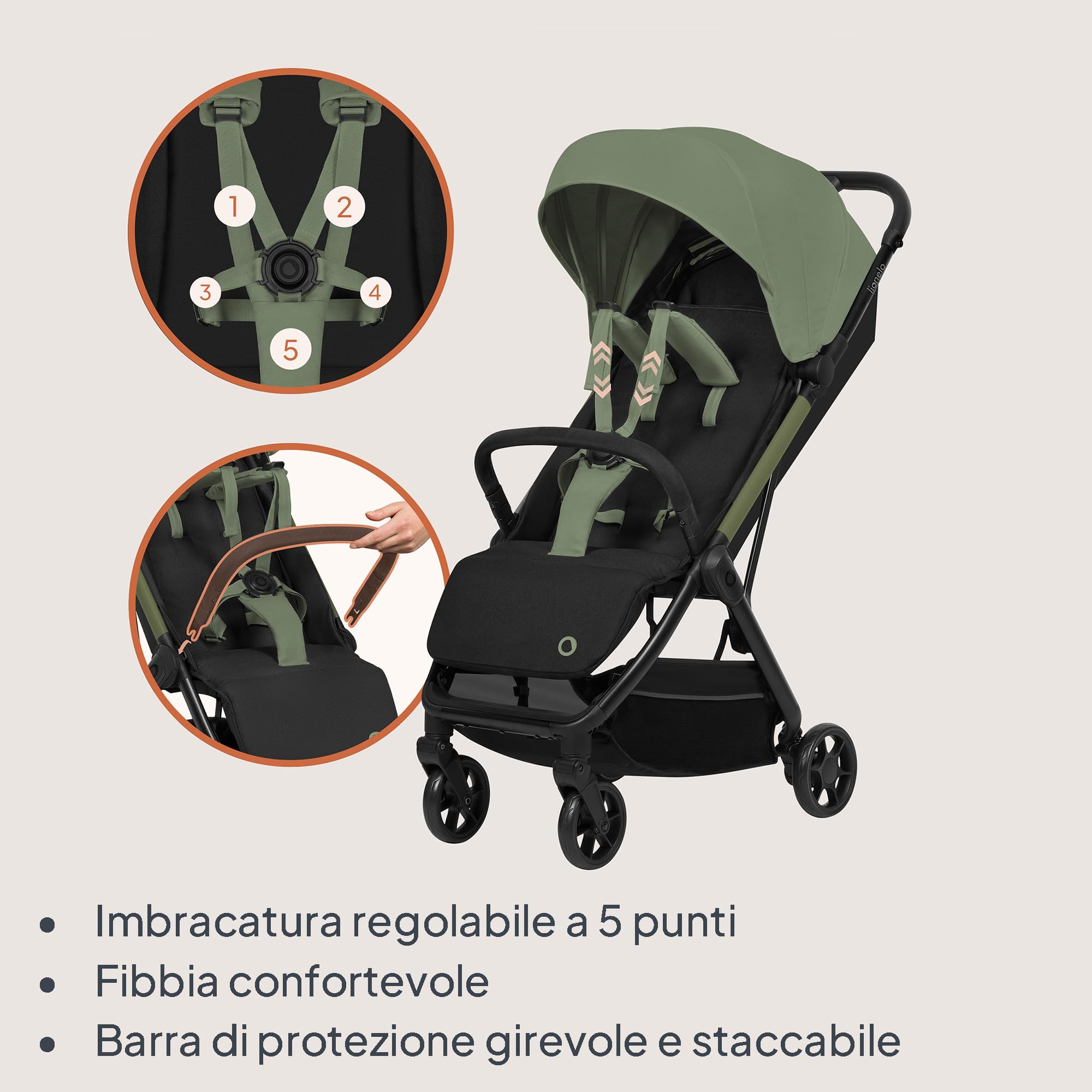LIONELO Julie Air Passeggino da Viaggio Compatto per Aereo fino a 22 kg | Da 6 Mesi a 4 Anni, Leggero, Ruote Girevoli 360° con Sospensione, Chiusura a Una Mano, Schienale Regolabile, Tettuccio UPF50+
