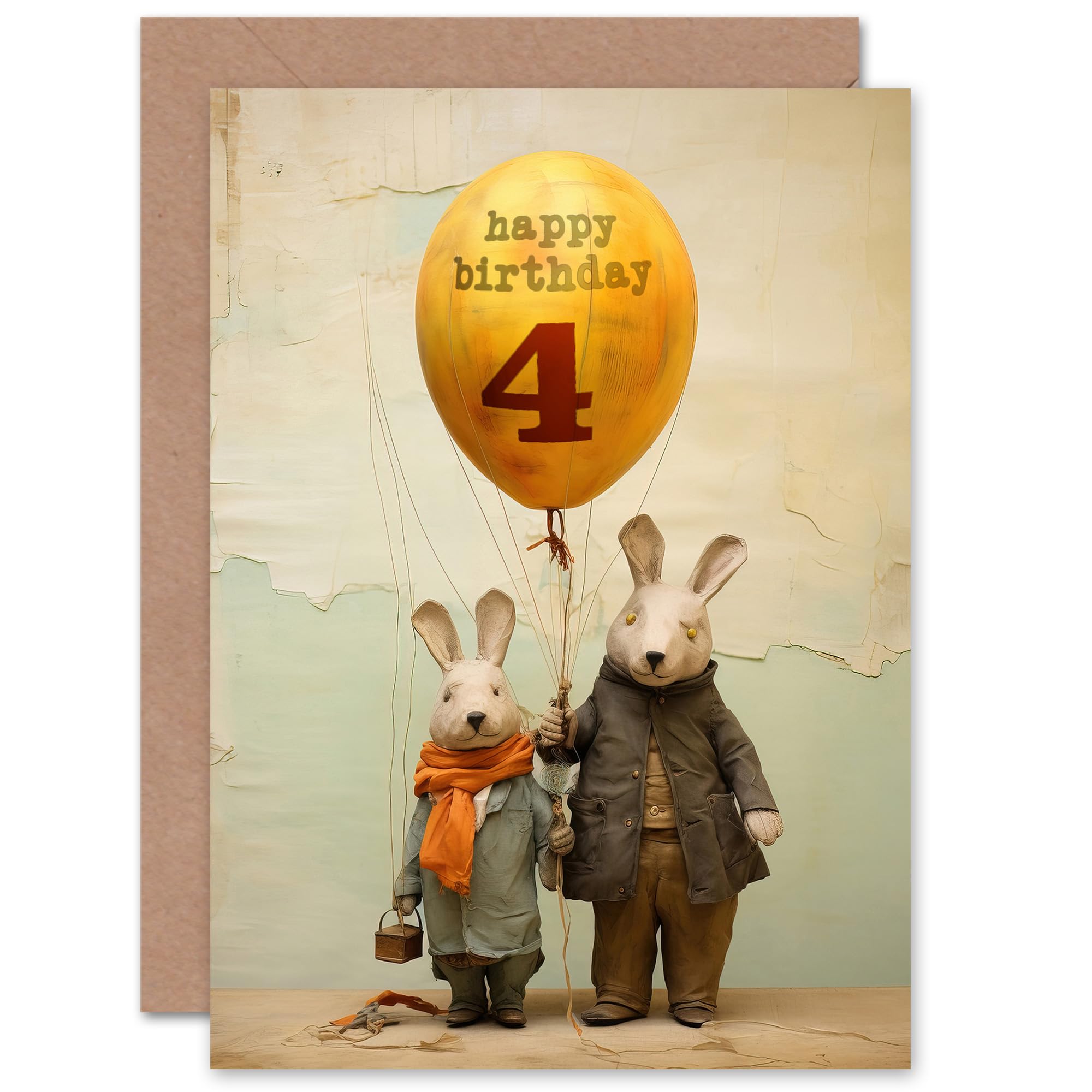 Artery8 Kids Birthday Age 4 Cute Bunny Rabbits Balloon For Child Son Daughter Blank Inside Greeting Card