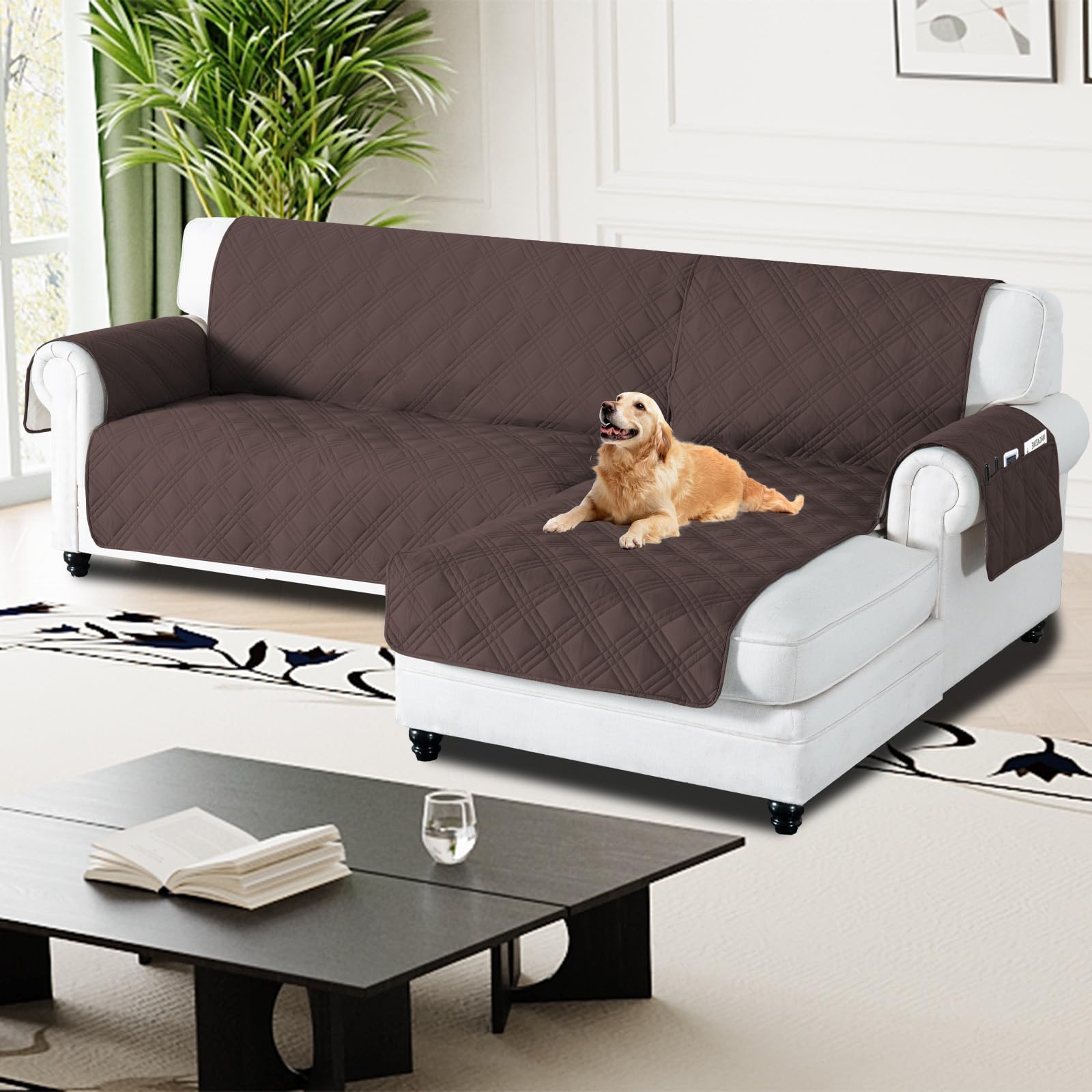 H.Versailtex 100% Waterproof Couch Covers for Sectional Sofa 2-Piece Couch Covers Sectional Chaise Sofa Cover L Shaped for Dogs Non Slip (Right Chaise Lounge Cover + 3 Seat Sofa Cover, Brown) โ image 1