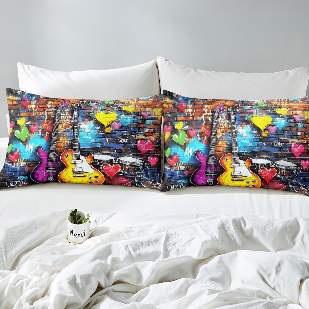 Electric Guitar Duvet Cover Set Twin Size,Tie-dye Graffiti Brick Wall Bedding Set,Boys Girls Room Decor,Rock Music Modern Artwork Comforter Cover,Corlorful Quilt Cover,1 Pillowcase(No Comforter)