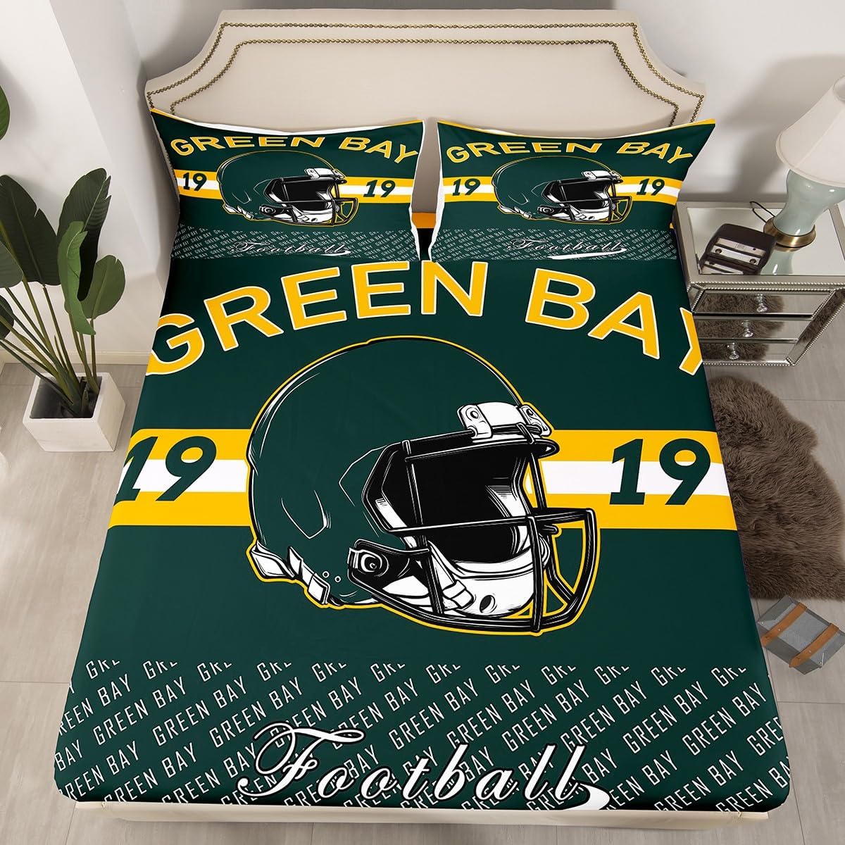 Feelyou Football Bed Sheets Set Queen Size Green Bay Deep Pocket Fitted Sheet Football City Bedding Sets Sports Games Soft Bed Set 4Pcs with 2 Pillow Cases