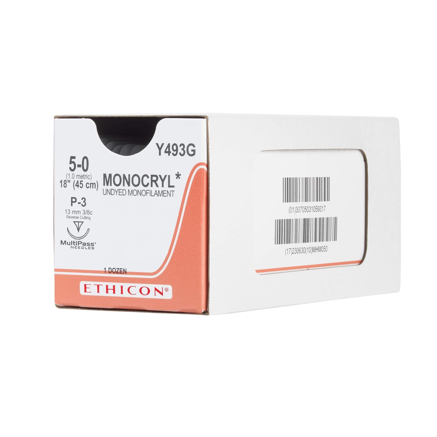 Ethicon MONOCRYL (Poliglecaprone 25) Suture, Y493G, Synthetic Absorbable, P-3 (13 mm), 3/8 Circle Needle, Size 5-0, 18" (45 cm)