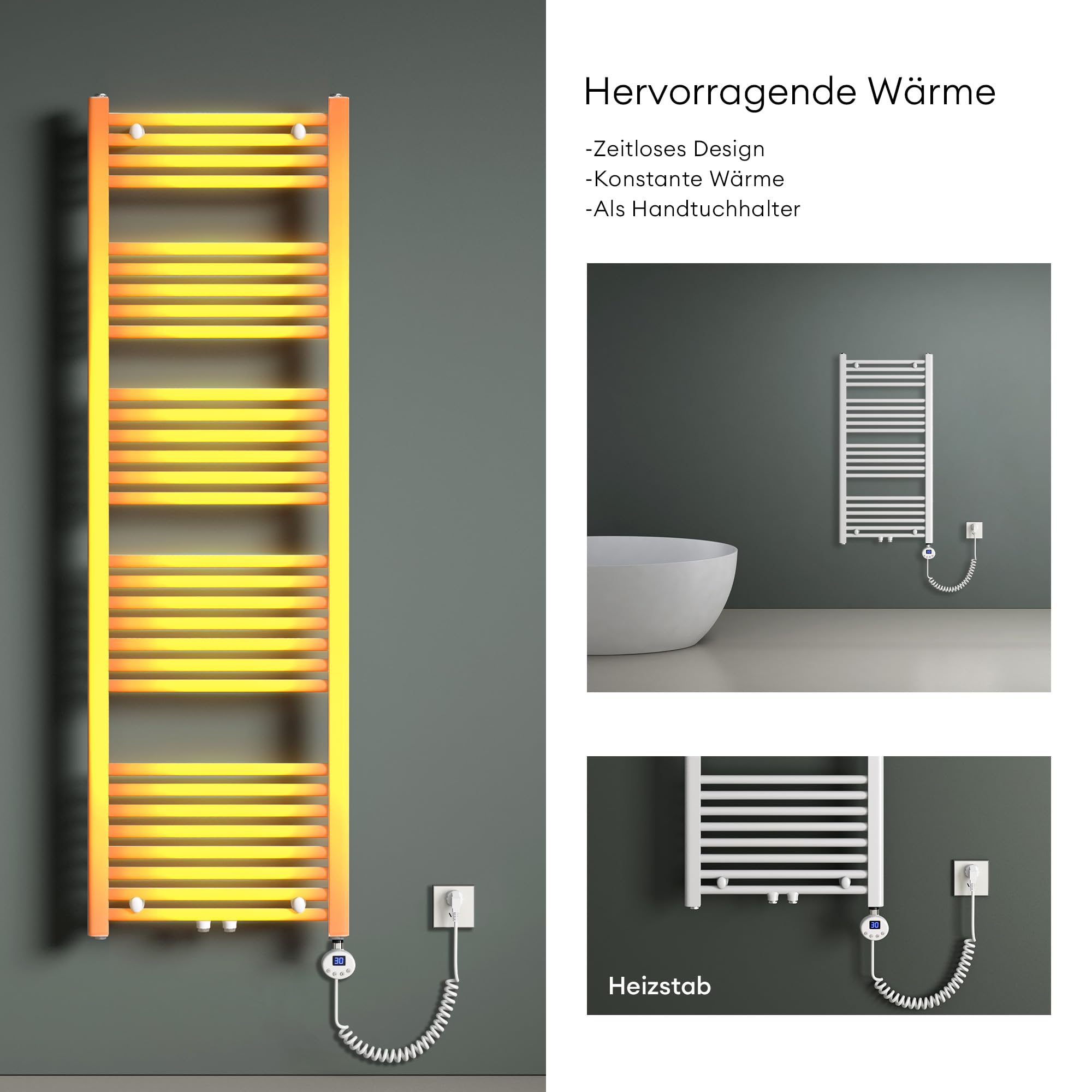 Mai & Mai Radiateur Sèche-Serviettes 180x50cm Blanc 1000W Résistance | Résistance Chauffante Incluse, 1000W, Chauffage Central, Électrique, Pour Salle de Bain