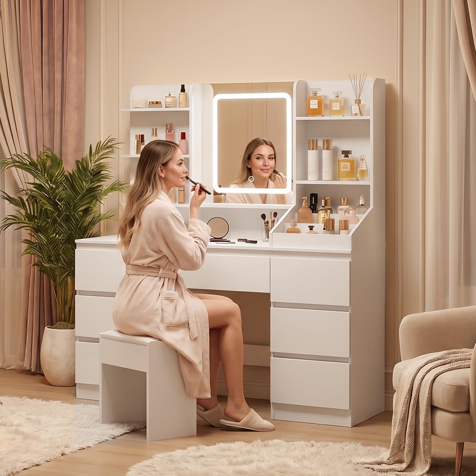 HOOBRO Tocador, con Espejo LED Regulable, Mesa de Maquillaje, 5 Estantes Abiertos y 7 Cajones, con Estación de Carga Integrada (2 Tomas CA, 1 USB-A, 1 Tipo C), para Vestidor, Habitación, Blanco