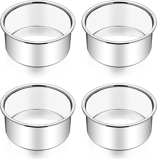 4 Inch Cake Tin for Baking, Joyfair Stainless Steel Round Layer Cake Mould Pan Set of 4, Mini Bakeware for Toaster, Birthday/Christmas, Healthy & Durable, Mirror Finish & Dishwasher Safe (10cm)