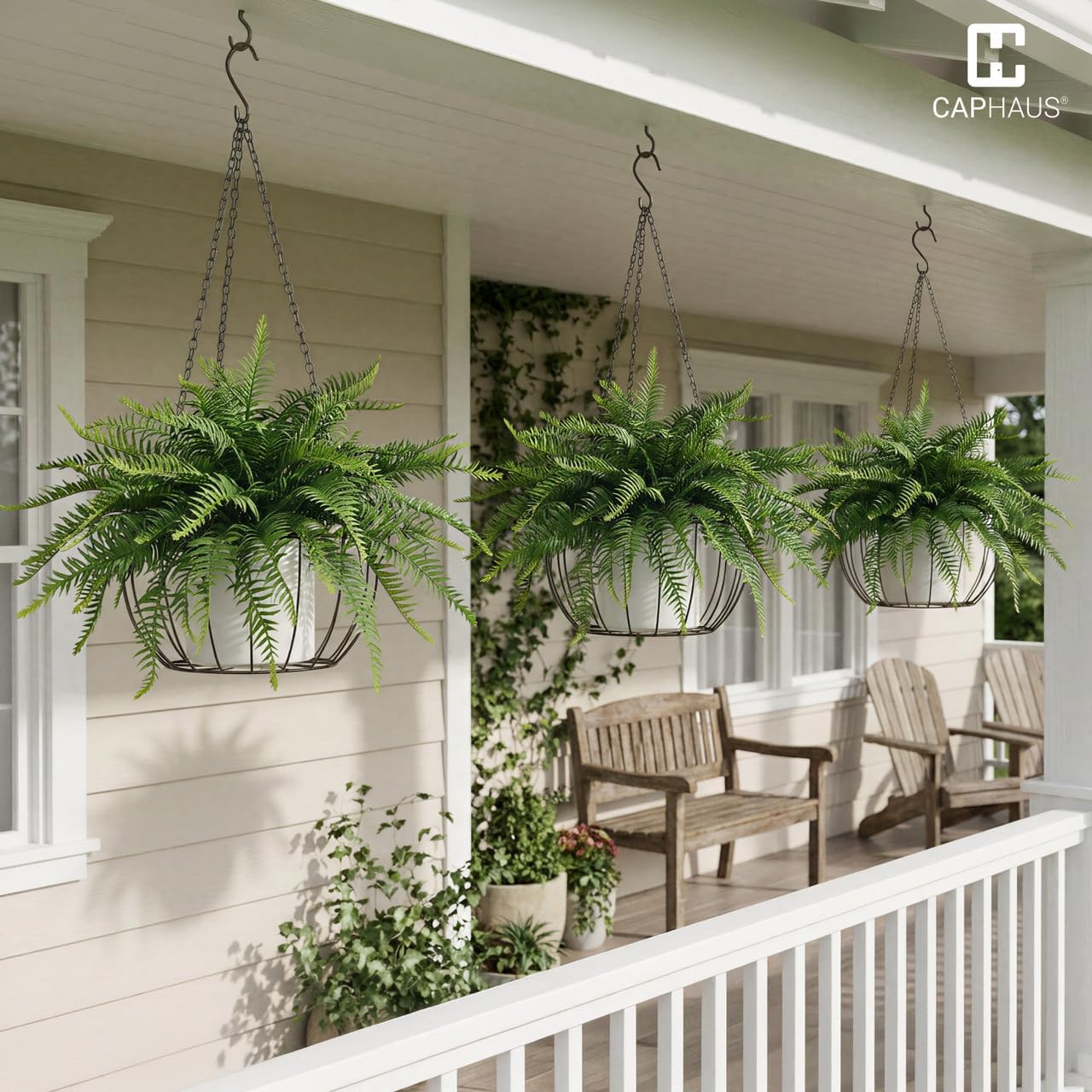 CAPHAUS Artificial Boston Fern Topiary Set of 2 with White Pots – 21" Realistic Fern Potted Plants | UV Resistant Faux Boston Ferns for Indoor Outdoor Porch, Front Door, Home Office Decor