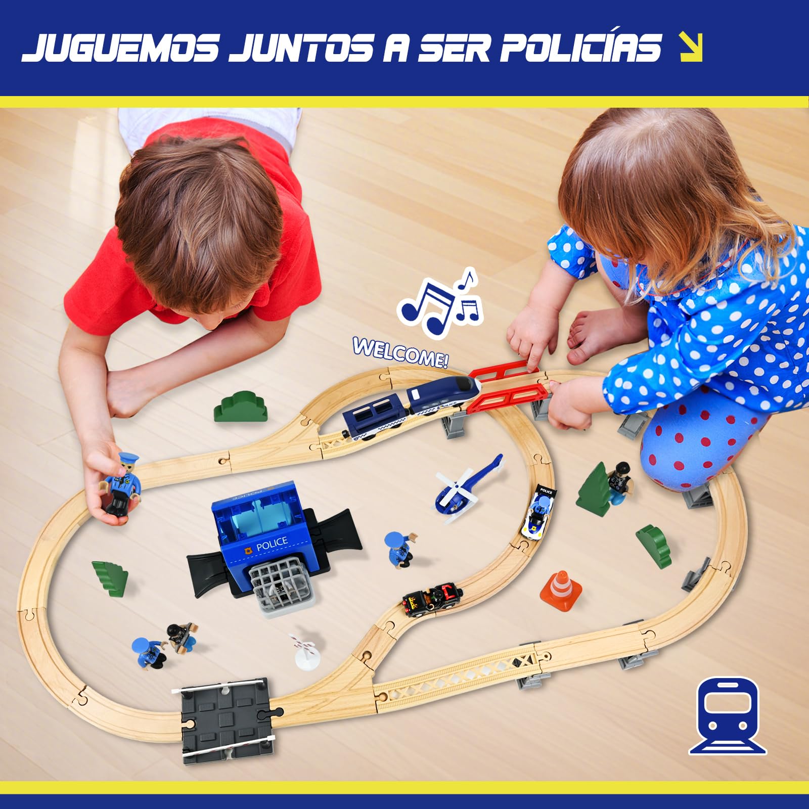 Ulikey Tren de Madera para Niños, 72 Piezas Juego de Tren de Madera con Tema de Policías y Ladrones, Kit de Ferrocarril de Juguete Regalo para Niños y Niñas