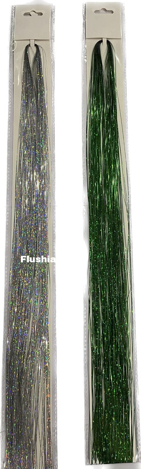 hair tinsel (40 inch,2 colors, 2400 strands), fairy hair glitter hair extensions, hair tensile |glitter extensions|highlight hair extension [pack of 2 silver & green colour]