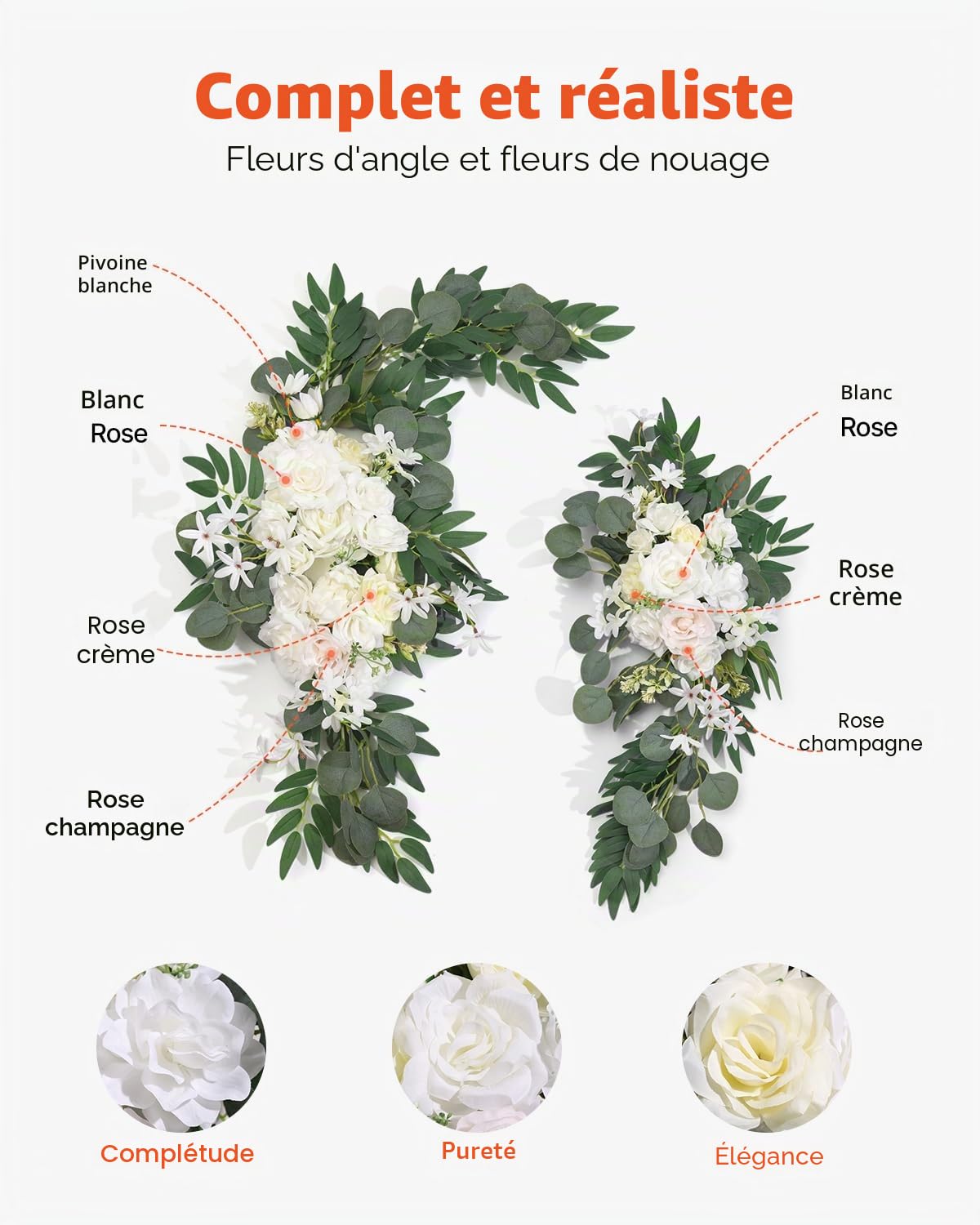 VEVOR Kit Fleurs Artificielles pour Arche de Mariage avec 2 Bouquets de Fleurs, 1 Rideau Translucide, pour Décoration de Célébrations de Cérémonie, de Toile de Fond de Réception, Événements, Blanc