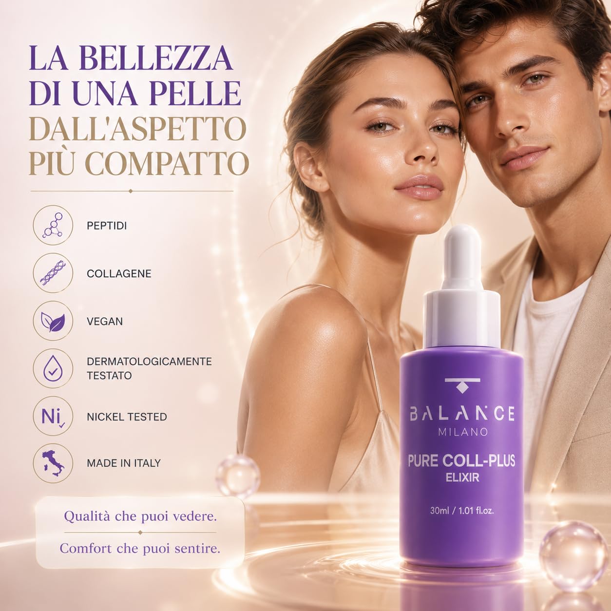 Siero Collagene Viso, Acido Ialuronico ed Elastina - Made in Italy - 30ml | Siero Idratante Viso Lampone e Kiwi - Emulgel Liftante Rapido Assorbimento - Tutti i Tipi di Pelle - Skin Care BALANCE MILANO