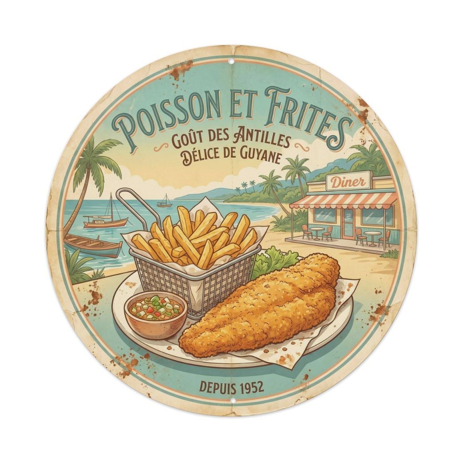 French Guiana Seafood Chips 1950s Seaside Food Metal Tin Sign