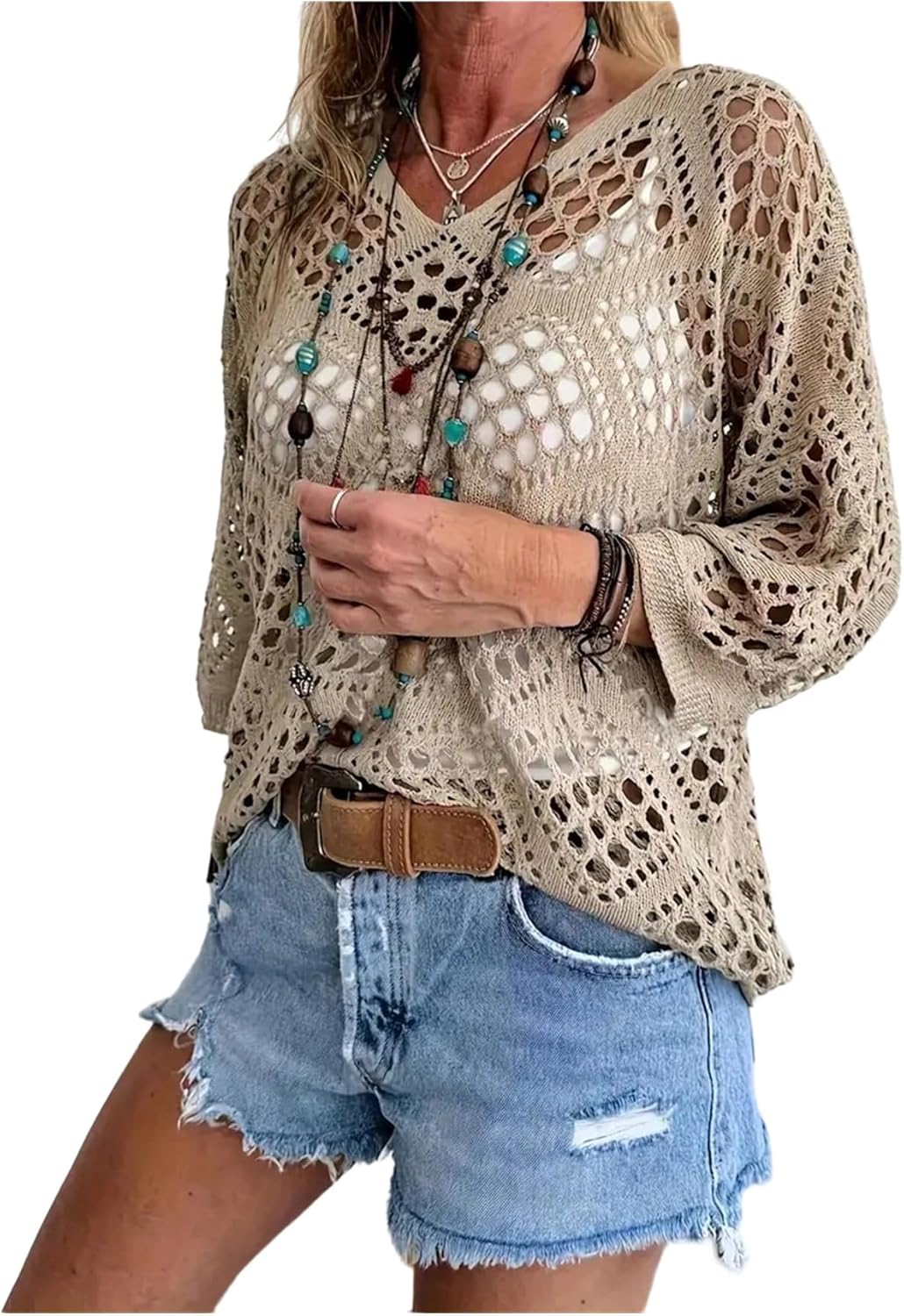 GORGLITTER Women's Floral Crochet Lightweight Sweater Boho V Neck 3/4 Short Sleeve Hollow Out Knitwear Tops