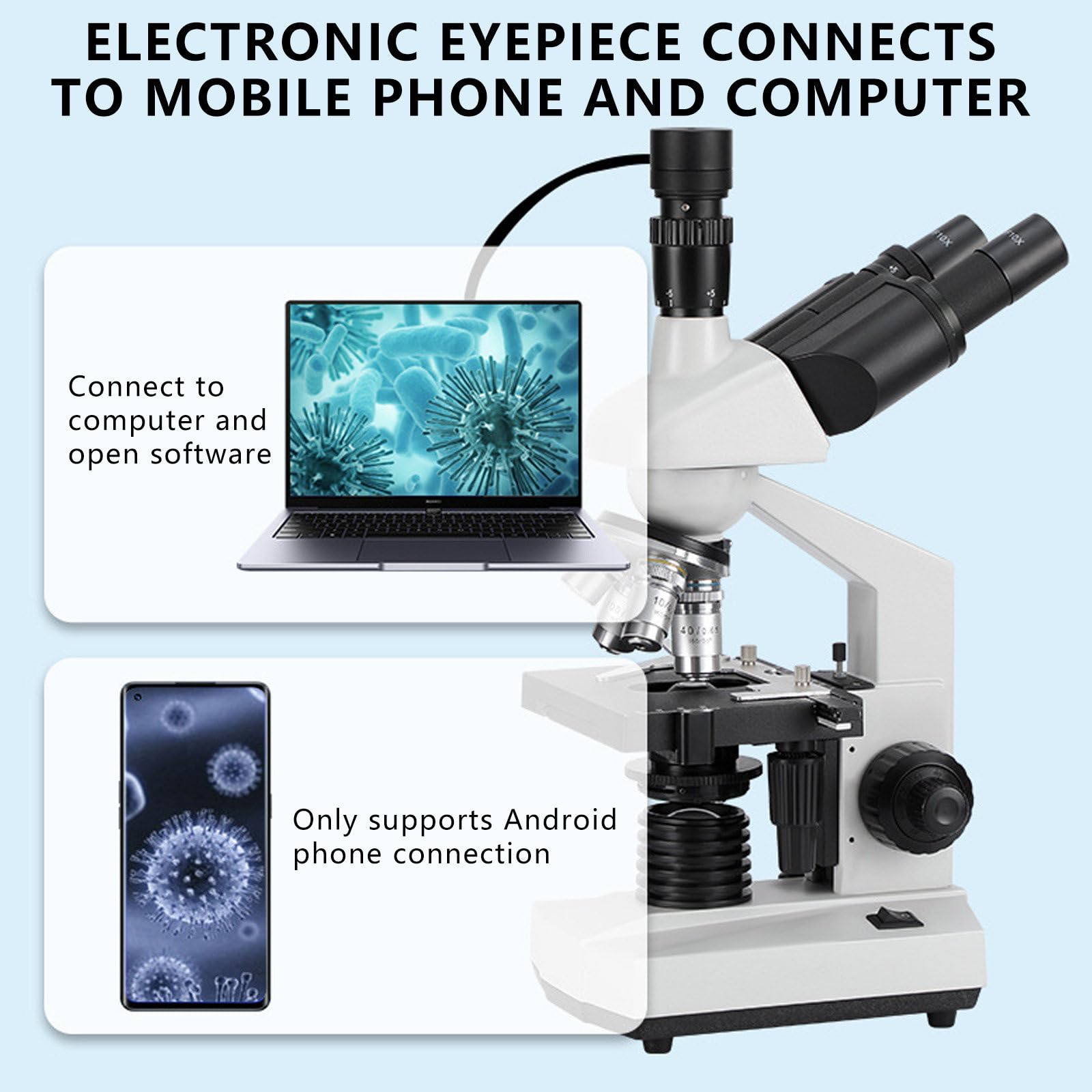 Microscopio BiolóGico Educativo para Estudiantes, Platina MecáNica De Doble Capa Y Perilla De Enfoque Grueso/Fino Coaxial, Microscopio Trinocular Compuesto,5000X+A