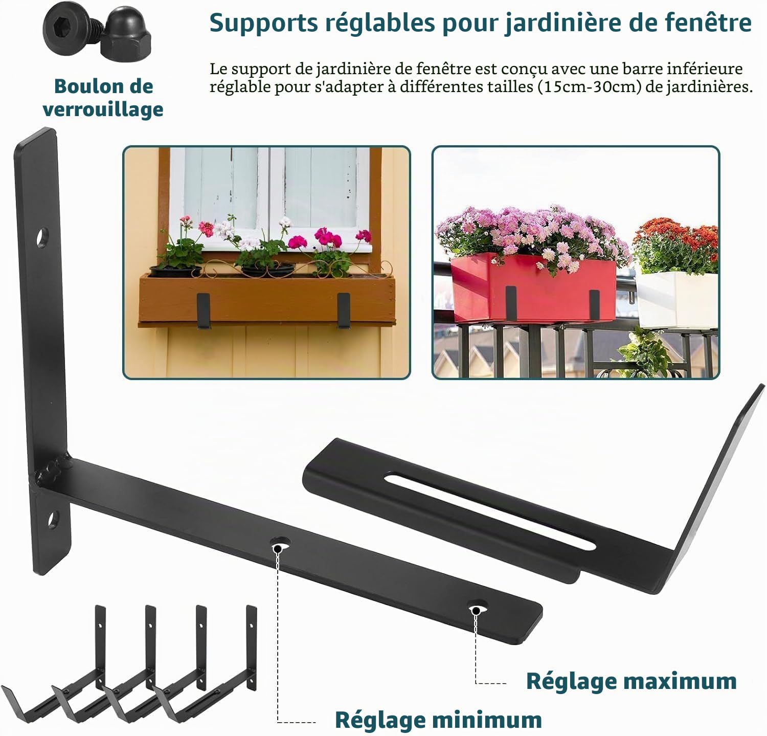 LATERN 4 Pièces Supports de Jardinières de Fenêtre, 15CM - 30CM Réglables Jardinière Support Robuste Métal Jardinière Fixation Murale Crochet pour Balcon Clôtures Terrasse Jardin Mur Rampes Rebord