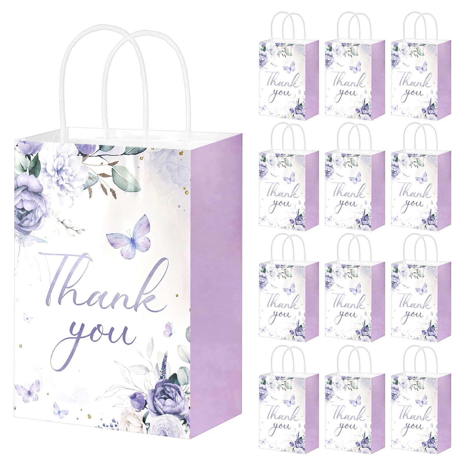 YIMETOP 12 Pack Small Thank You Bags 15x8x21cm, Return Gift Party Favor Bags, Butterfly & Purple Rose Printed Paper Party Bag with Handles for Wedding Birthday