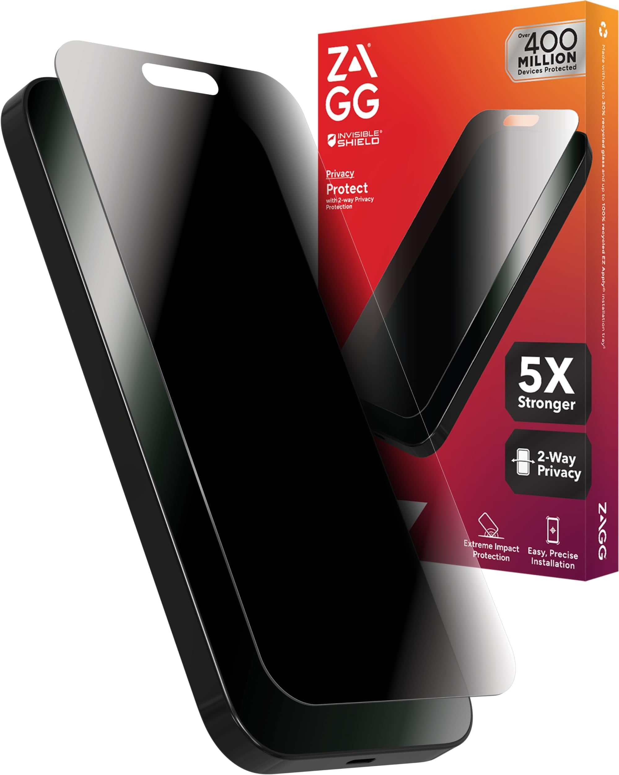 InvisibleShield Glass Elite PrivacyiPhone 15 Pro Max Screen Protector - 5X Stronger with ReinforcedEdges, 2-Way PrivacyFilter,Scratch & Smudge-Resistant Surface,Easy to Install packaging may vary