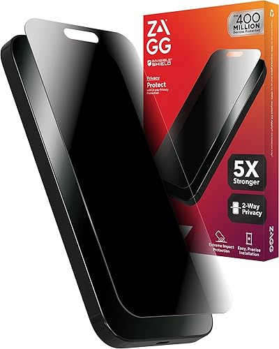 ZAGG InvisibleShield Glass Elite Privacy - Protector de pantalla para iPhone 15 Pro Max, 5 veces más fuerte con bordes reforzados, filtro de