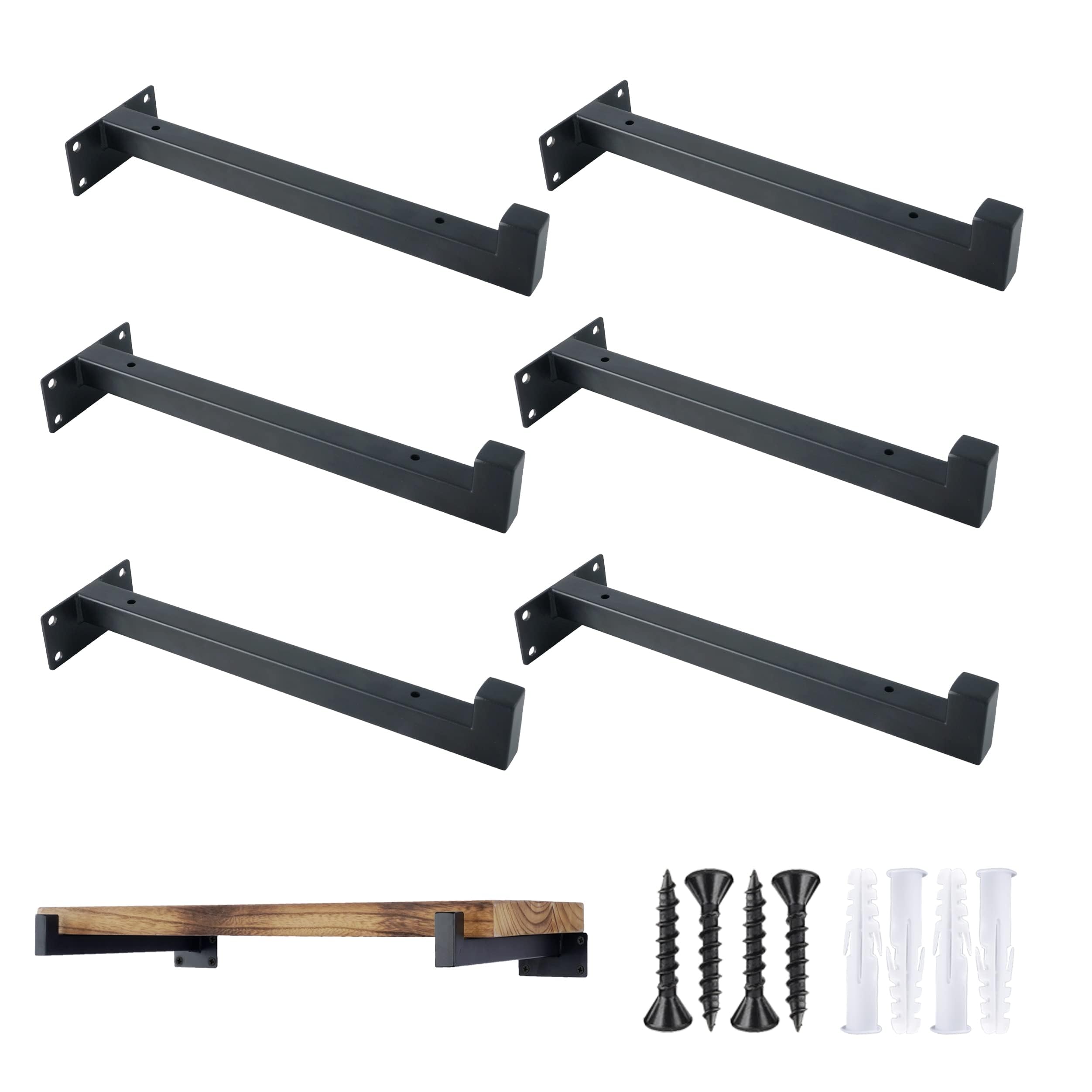 OVOV 6 Pack Black Shelf Brackets 10 Inch Floating Shelf Bracket with Lip Industrial Shelving Brackets for Kitchen Bathroom Storage Wall Mounted Shelf