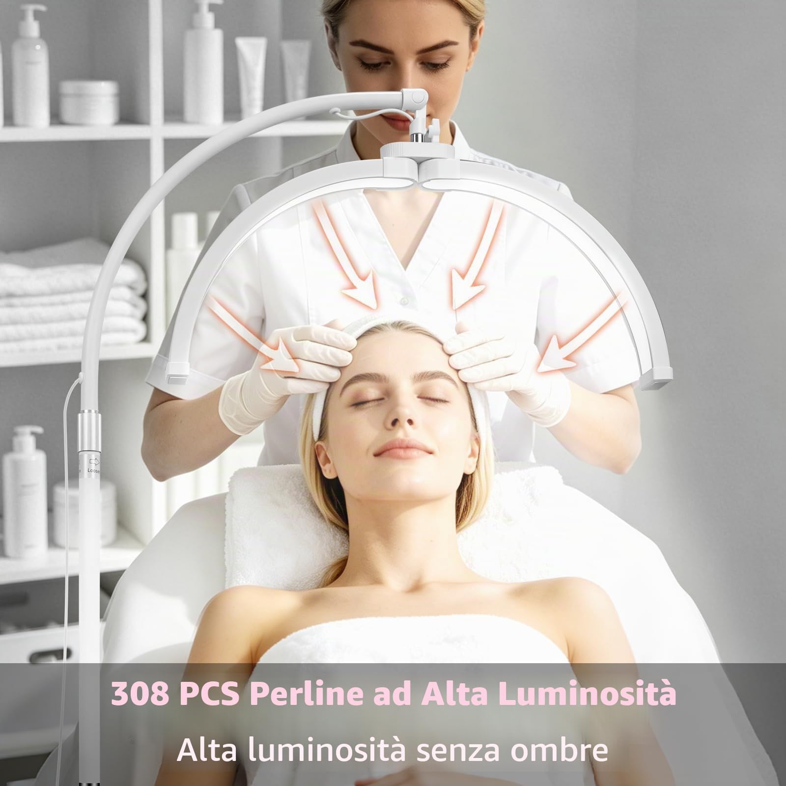 CGBE Lampada per Extension Ciglia Professionale Dimmerabile LED Mezza Luna | Lampada Lashmaker con Porta Cellulare - Testa Rotabile a 360° - Altezza Regolabili Lampada da Terra per Estetista - Bianco