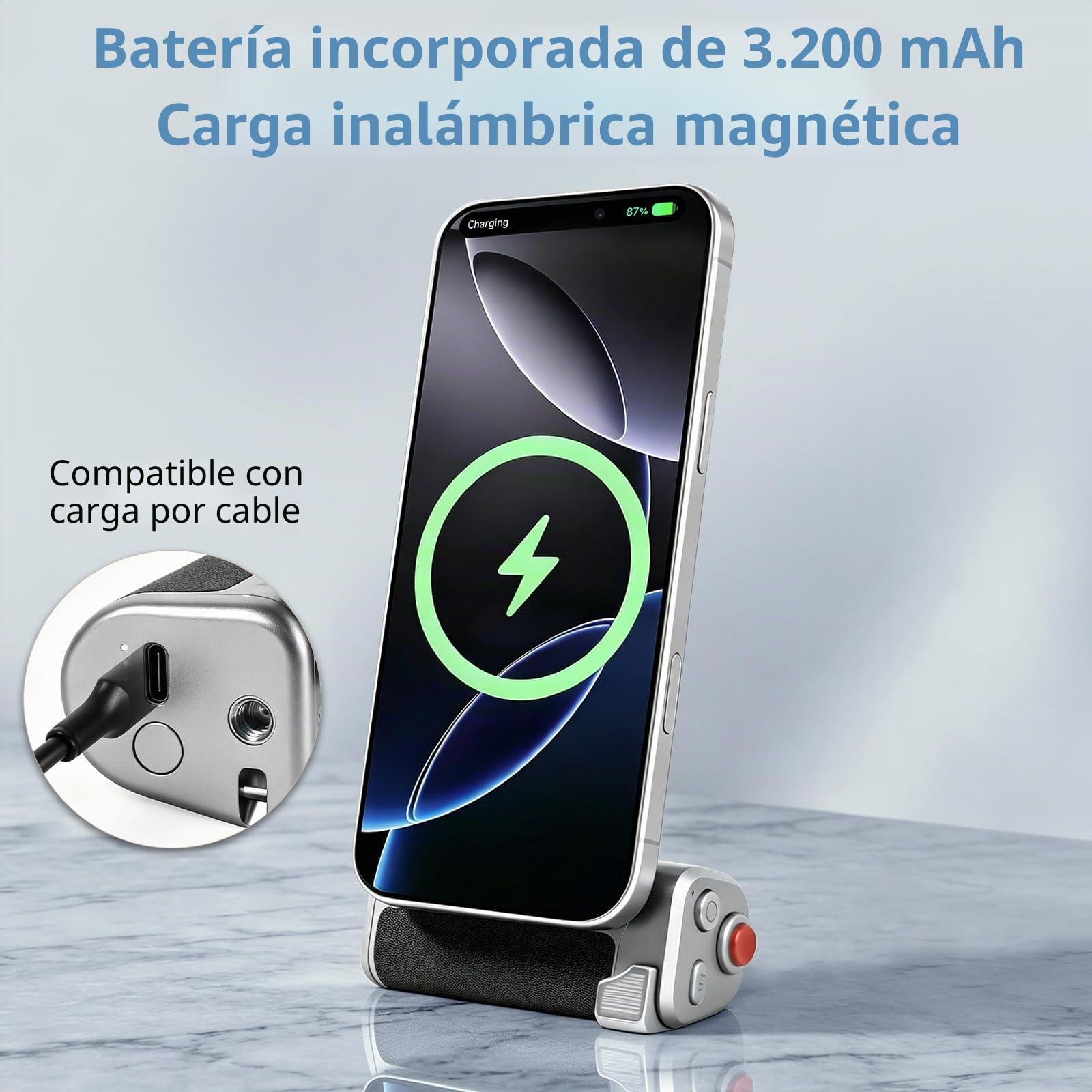 Master Grip para iPhone y Android,Empuñadura de cámara con Batería de 3200 mAh,Carga inalámbrica y Estilo DSLR Agarre para Teléfono(Negro y Plateado)