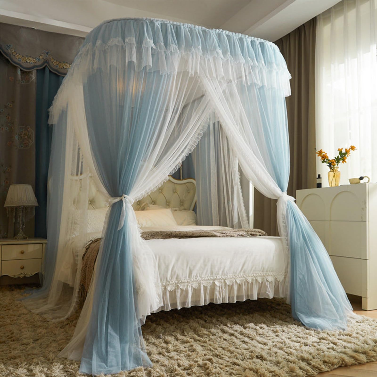 SARKEY U-Shaped Rail Bed Canopy Curtain,Lace Up Ruffle Princess,Three-Opening(D,180x220x210cm(71"x87"x83"))
