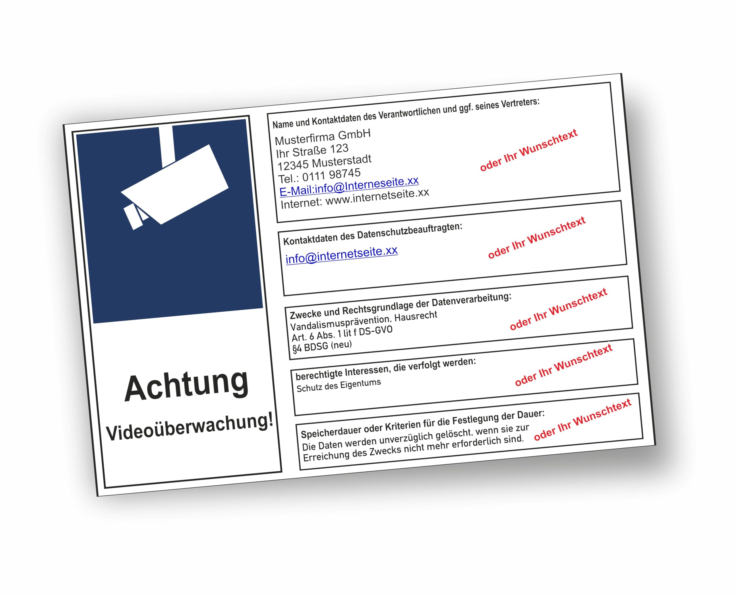 Hinweisschild Videoüberwachung nach DGSVO mit individuellen Aufdruck als Aufkleber oder Alu-Verbundschild mit UV-Schutz (DIN A 2 Alu Verbundschild)