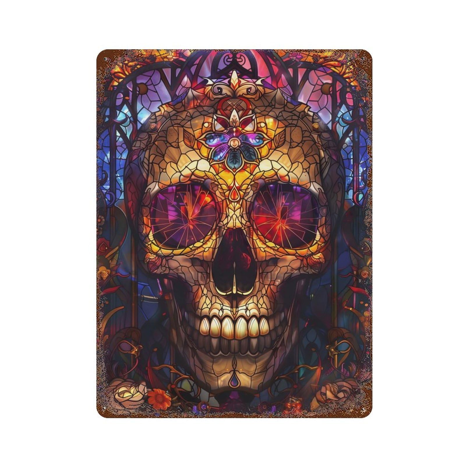 Skull Stained Glass Retro Metal Sign 15.7"x11.8", for Pub, Kitchen And Man Cave Decor, Industrial Home Decor
