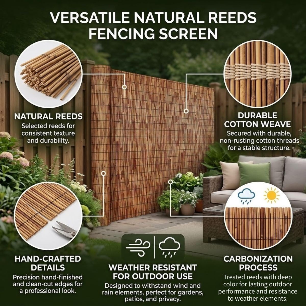 Arella Stuoia Cannette Ombra per Recinzione Giardino 100/120/130/150/180 cm Frangivento in Bambú da Esterno con Fascette Rotoli Recinzione Privacy per Balcone Terrazza Piscina Gazebo(H150xL900cm)