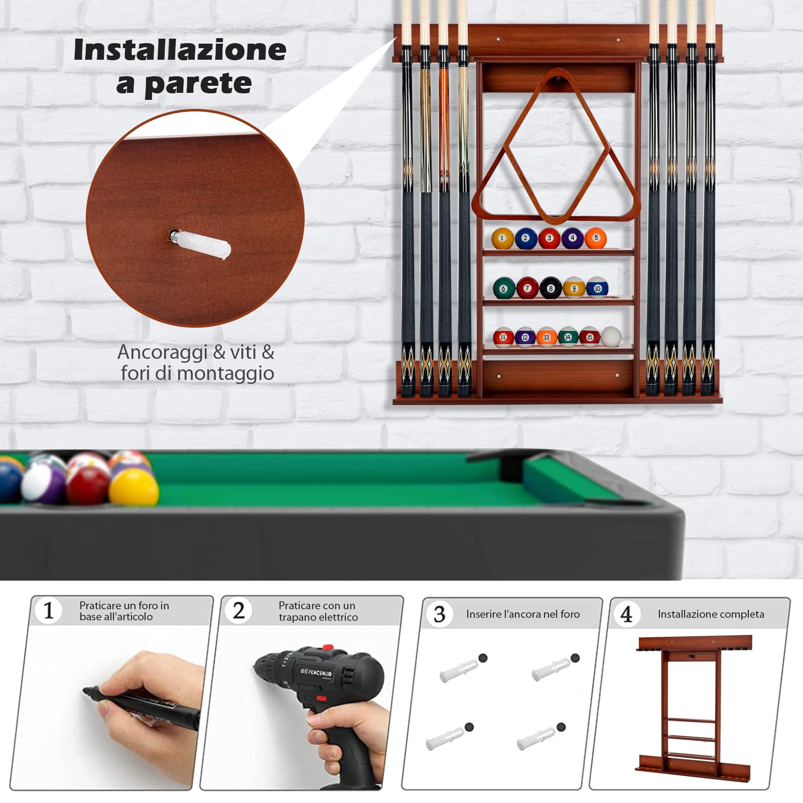 COSTWAY Porta Stecche da Biliardo in Legno Massello, Porta Biliardo a Parete Può Ospitare 8 Stecche 15 Palle da Biliardo e 1 Portapalle, Attrezzatura da Biliardo per Sala da Biliardo Club Bar(Marrone)