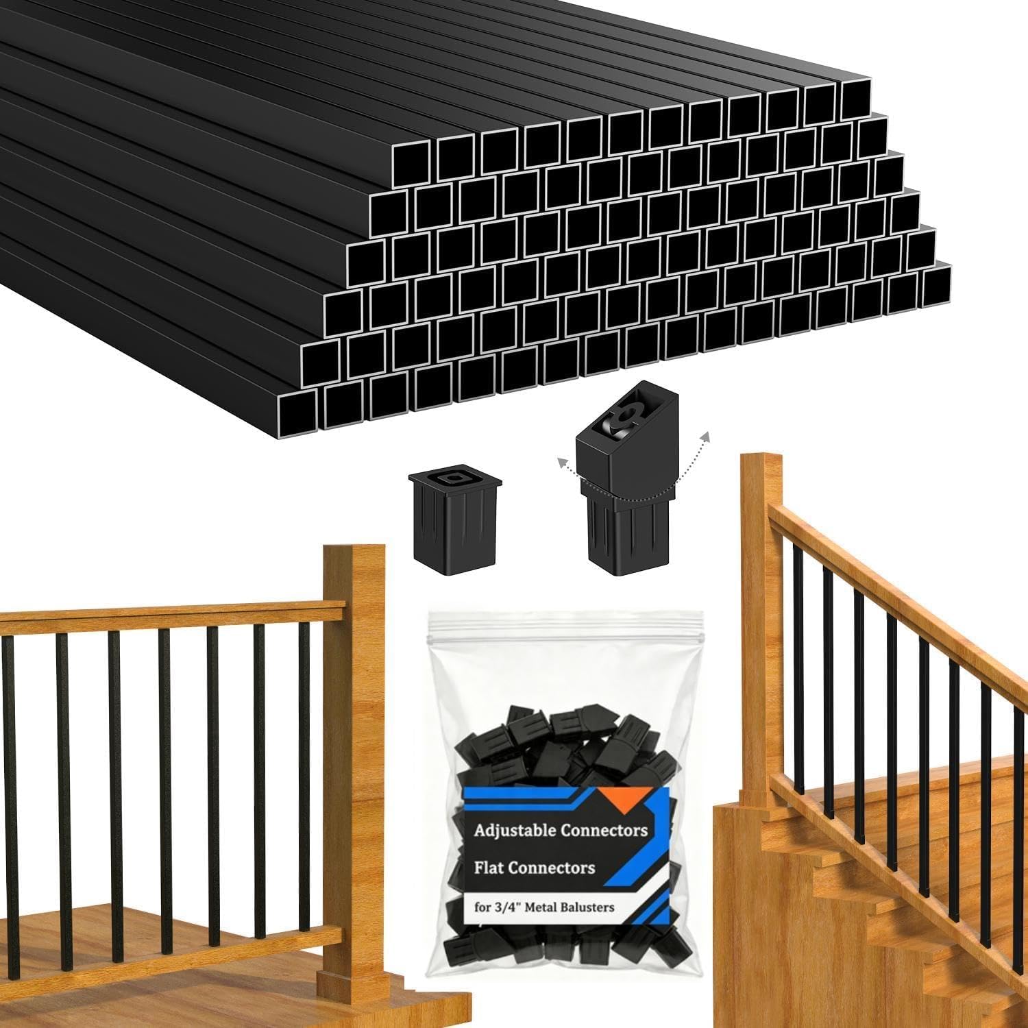 Hypergiant 120 Pack 26" Deck Balusters, Square Aluminum Deck Balusters Black Metal Deck Spindles, Flat & Adjustable Angle Connectors for Level and Stair Railing, Wood Composite Deck